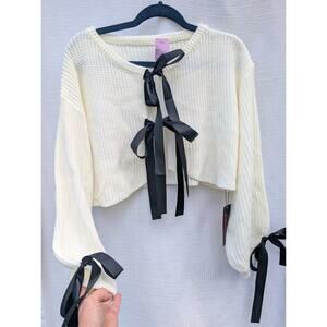 Romwe Women's Tie Front Balloon Sleeve‎ Knit Sweater Sz M Ivory Black Whimsigoth